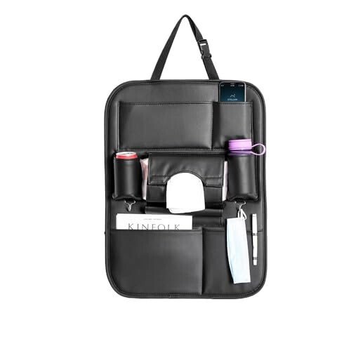 SANMITTI 2 Pack PU Leather Premium Car SeatBack Organizer Travel Accessories Kick mats Back seat Protector and Cup Holder Holder Universal Use Seat Covers Black - 3