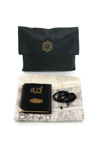 Santuk Fabric Covered Yasin Book - Pocket Size - Custom Engraved - Prayer Mat - Prayer Beads - Bag - Black 