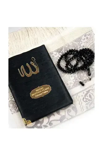 Santuk Fabric Covered Yasin Book - Pocket Size - Custom Engraved - Prayer Mat - Prayer Beads - Bag - Black - İHVAN (1)