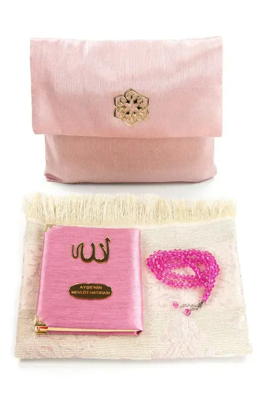 Шантук Ясин в тканевой обложке - Карманный формат - С именной табличкой - С ковриком для молитвы - С четками - В мешочке - Розовый - 1