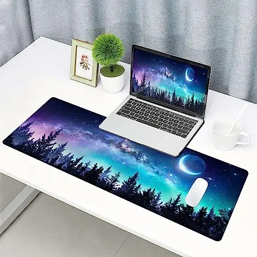 SANWUMIAN Gaming Large Mouse Pad with Stitched Edges, Galaxy Desk Mat, Extended Keyboard Pad, Non-Slip Rubber Base Desk Pad for Keyboard and Mouse, 31.5X11.8 inch, Moon Starry Sky - 6