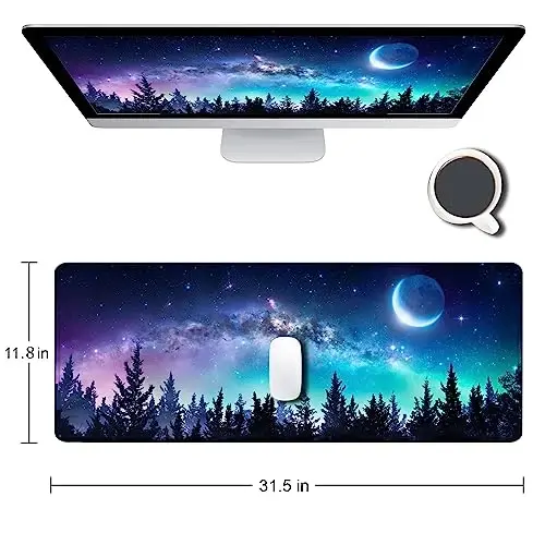 SANWUMIAN Gaming Large Mouse Pad with Stitched Edges, Galaxy Desk Mat, Extended Keyboard Pad, Non-Slip Rubber Base Desk Pad for Keyboard and Mouse, 31.5X11.8 inch, Moon Starry Sky - 2