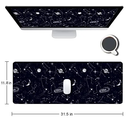 SANWUMIAN Large Gaming Mouse Pad with Stitched Edges, Black Constellation Desk Mat Extended Keyboard Pad, Non-Slip Rubber Base Desk Pad for Keyboard and Mouse, 31.5X11.8 inch, Sun and Moon - 2
