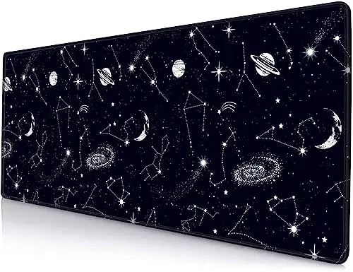 SANWUMIAN Large Gaming Mouse Pad with Stitched Edges, Black Constellation Desk Mat Extended Keyboard Pad, Non-Slip Rubber Base Desk Pad for Keyboard and Mouse, 31.5X11.8 inch, Sun and Moon - 1