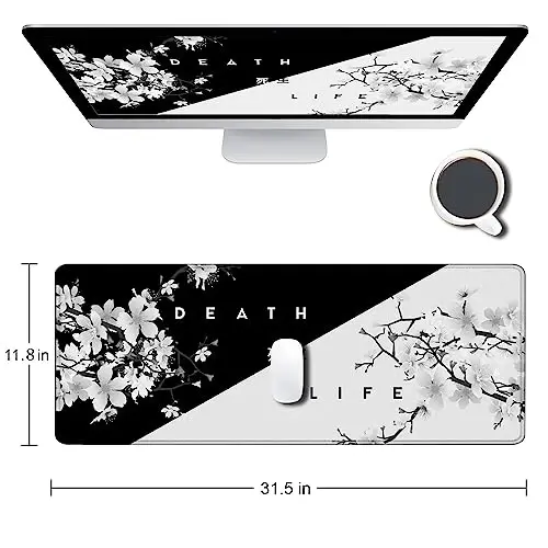 SANWUMIAN Gaming Mouse Pad, Katta stol uchun katta sichqoncha padlari, Sirg'alib ketmaydigan kauchuk taglikli sichqoncha pad, Tikilgan qirralari bilan klaviatura sichqoncha mat stoli pad, 31,5x11,8 dyuymli Sakura O'lim Hayot Gulli - SANWUMIAN (1)