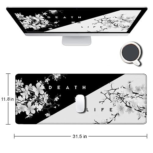 SANWUMIAN Gaming Mouse Pad, Katta stol uchun katta sichqoncha padlari, Sirg'alib ketmaydigan kauchuk taglikli sichqoncha pad, Tikilgan qirralari bilan klaviatura sichqoncha mat stoli pad, 31,5x11,8 dyuymli Sakura O'lim Hayot Gulli - 2