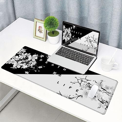 SANWUMIAN Gaming Mouse Pad, Katta stol uchun katta sichqoncha padlari, Sirg'alib ketmaydigan kauchuk taglikli sichqoncha pad, Tikilgan qirralari bilan klaviatura sichqoncha mat stoli pad, 31,5x11,8 dyuymli Sakura O'lim Hayot Gulli - 6