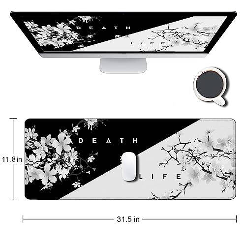 SANWUMIAN Gaming Mouse Pad, Large Mouse Pads for Desk, Non-Slip Rubber Base Mousepad, Keyboard Mouse Mat Desk Pad with Stitched Edges, 31.5x11.8 inch Sakura Death Life Floral - 2