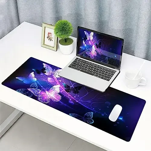 SANWUMIAN Gaming Mouse Pad, Large Mouse Pads for Women, Non-Slip Rubber Base Mousepad, Keyboard Mouse Mat, Desk Pad with Stitched Edges, 31.5x11.8inch, Purple Butterfly - 6