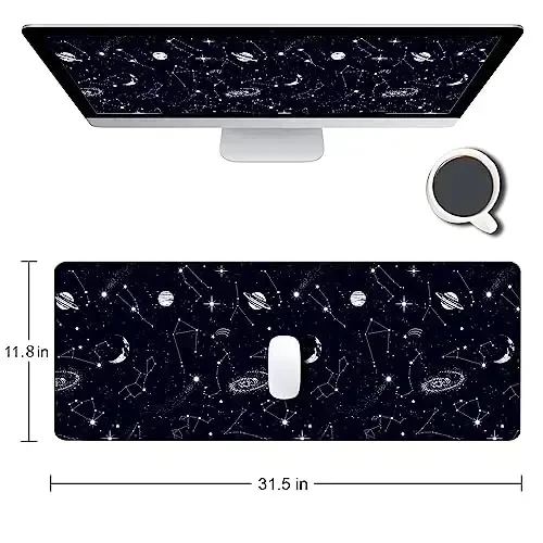 SANWUMIAN Large Gaming Mouse Pad with Stitched Edges, Black Constellation Desk Mat Extended Keyboard Pad, Non-Slip Rubber Base Desk Pad for Keyboard and Mouse, 31.5X11.8 inch, Sun and Moon - 2