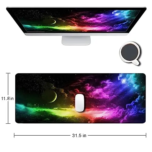 SANWUMIAN Mouse Pad Gaming, Large Mouse Pads for Desk, Keyboard Mouse Mat Desk Pad, Non-Slip Rubber Base with Stitched Edges Mousepad, 31.5x11.8in Colorful Galaxy - 2