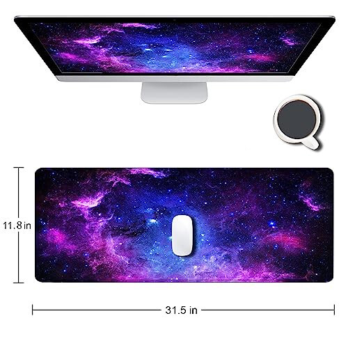 SANWUMIAN Oyun Fare Altlığı, Büyük Masa Fare Altlıkları, Kaymaz Kauçuk Tabanlı Fare Altlığı, Dikişli Kenarlı Klavye Fare Matı Masa Altlığı, 31,5x11,8 inç Galaxy - 2