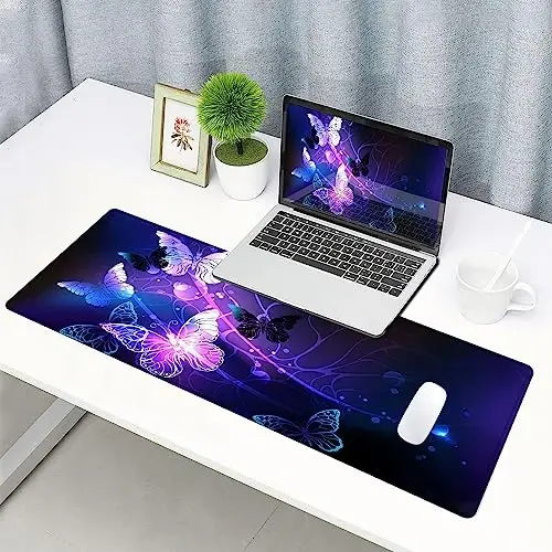 SANWUMIAN Gaming Mouse Pad, Large Mouse Pads for Women, Non-Slip Rubber Base Mousepad, Keyboard Mouse Mat, Desk Pad with Stitched Edges, 31.5x11.8inch, Purple Butterfly - 6