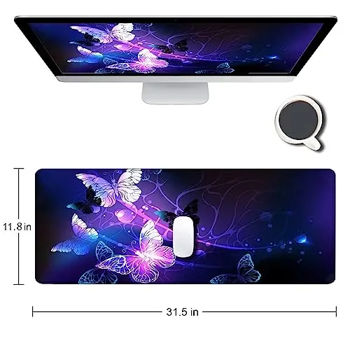SANWUMIAN Gaming Mouse Pad, Large Mouse Pads for Women, Non-Slip Rubber Base Mousepad, Keyboard Mouse Mat, Desk Pad with Stitched Edges, 31.5x11.8inch, Purple Butterfly - SANWUMIAN (1)