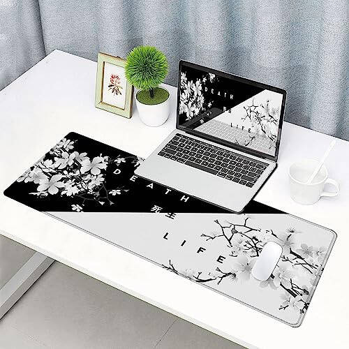 SANWUMIAN Oyun Mouse Pad'i, Masa için Büyük Mouse Pad'ler, Kaymaz Kauçuk Tabanlı Mouse Pad, Dikişli Kenarlı Klavye Mouse Mat Masa Pad, 31.5x11.8 inç Sakura Ölüm Yaşam Çiçekli - 6