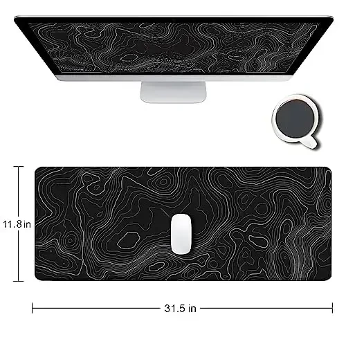SANWUMIAN Gaming Mouse Pad, Large Topographic Mouse Pads for Desk, Non-Slip Rubber Base Mousepad, Keyboard Mouse Mat, Desk Pad with Stitched Edges, 31.5x11.8inch, Black Geographic Lines - 2