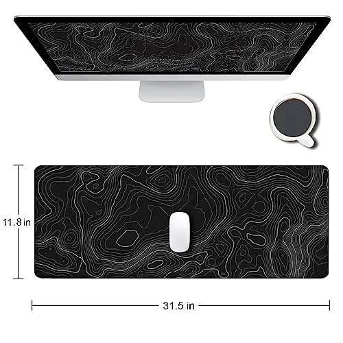 SANWUMIAN Gaming Mouse Pad, Large Topographic Mouse Pads for Desk, Non-Slip Rubber Base Mousepad, Keyboard Mouse Mat, Desk Pad with Stitched Edges, 31.5x11.8inch, Black Geographic Lines - SANWUMIAN (1)