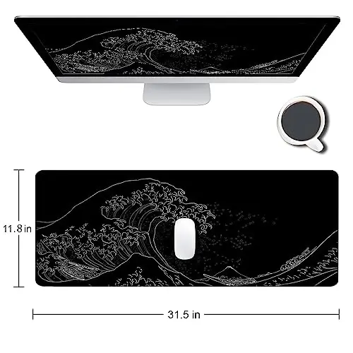 SANWUMIAN Gaming Mouse Pad, Large Mouse Pads for Desk, Non-Slip Rubber Base Mousepad, Keyboard Mouse Mat, Desk Pad with Stitched Edges, 31.5x11.8inch, The Great Wave Off Kanagawa - 2