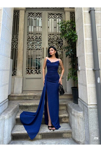 Сапфировое блестящее вечернее платье на бретельках, ткань Фукуро - MAFDRESS