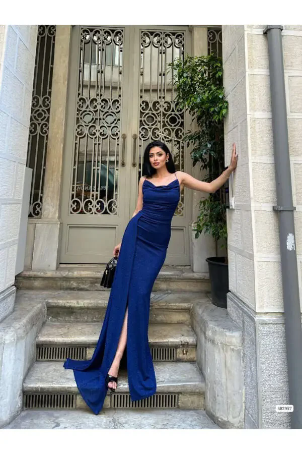 Сапфировое блестящее вечернее платье на бретельках, ткань Фукуро - 2