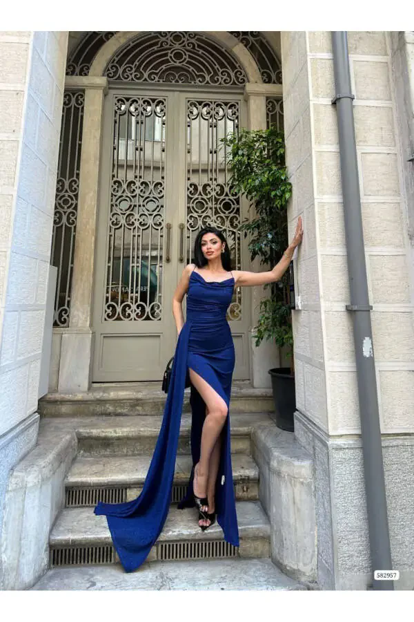 Сапфировое блестящее вечернее платье на бретельках, ткань Фукуро - 4