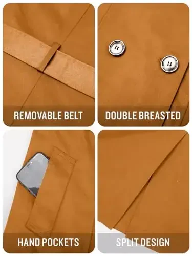 SaphiRose ayollar suvga chidamli trench paltosi ikki qatorli uzun palto, echib olinadigan kapyushonli - 4