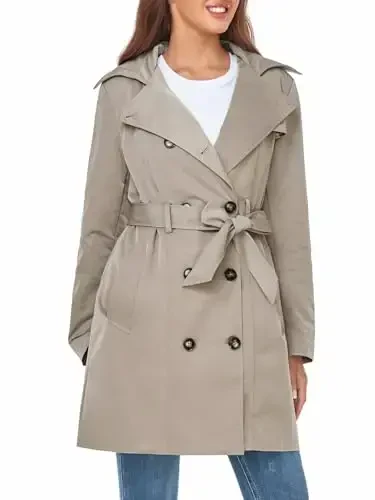SaphiRose Women's Water-Resistant Trench Coat Double-Breasted Long Peacoat with Removable Hood 