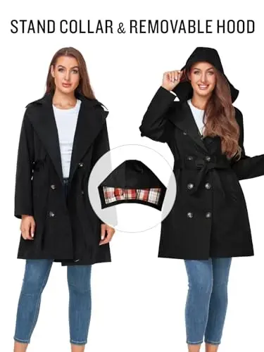 SaphiRose Women's Water-Resistant Trench Coat Double-Breasted Long Peacoat with Removable Hood - 3