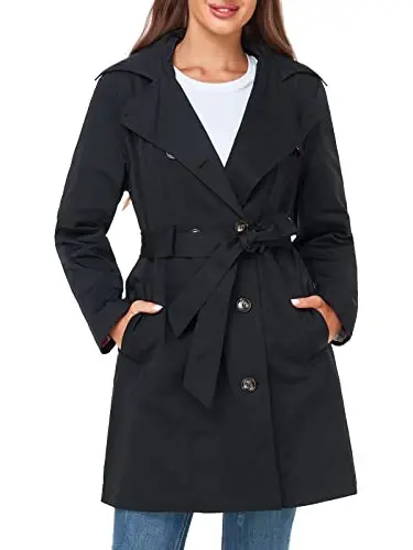 SaphiRose Women's Water-Resistant Trench Coat Double-Breasted Long Peacoat with Removable Hood - SAPHIROSE