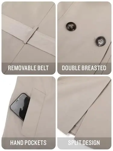 SaphiRose Women's Water-Resistant Trench Coat Double-Breasted Long Peacoat with Removable Hood - 4