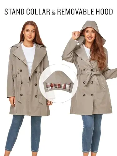 SaphiRose Women's Water-Resistant Trench Coat Double-Breasted Long Peacoat with Removable Hood - 5