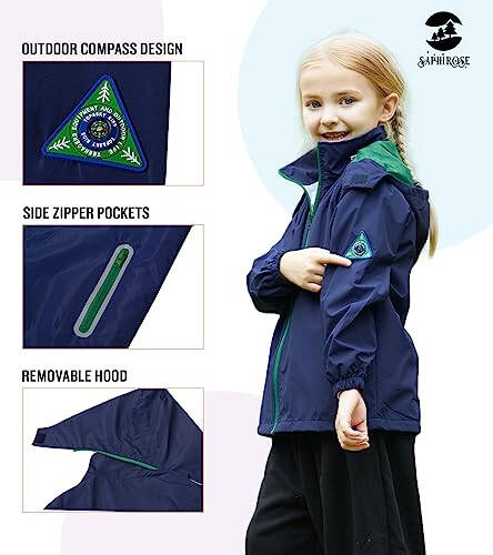 SaphiRose Kids Rain Jacket Waterproof Raincoat Mesh Lined Coat with Removable Hood for Boys Girls - 3