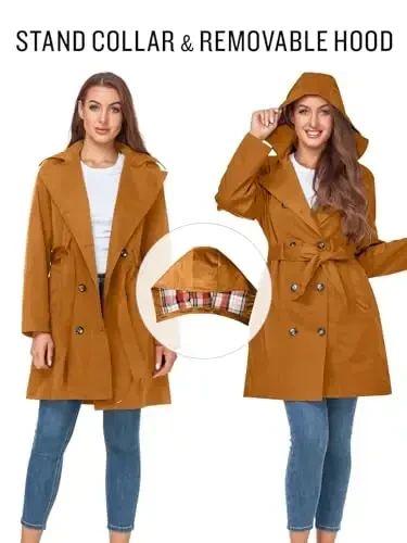 SaphiRose Women's Water-Resistant Trench Coat Double-Breasted Long Peacoat with Removable Hood - 3