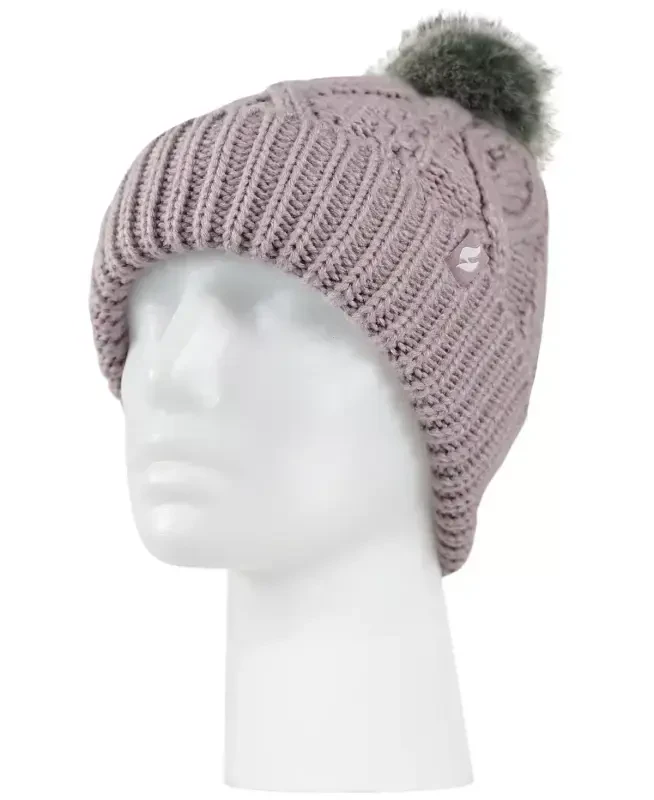 Шапка-бини из плотной кабельной вязки с помпоном Brina Solid Cable Knit Roll Up Pom-Pom Hat-Lilac — сиреневый - HEAT HOLDERS