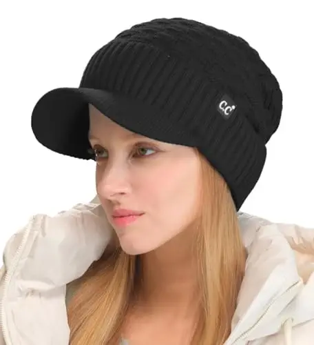 C.C Beanie Fuzzy Fleece Lining Warm Oversized Chunky Soft Stretchy Ribbed Slouchy Knit Hat with Visor Brim - C.C