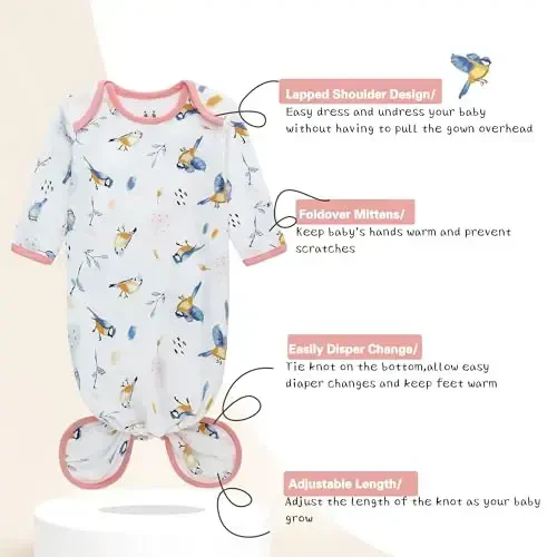 Newborn Knotted Gown with Hat Set, 3 Pack Newborn Nightgowns, Baby Sleeper Gowns with Mitten Cuffs for Boys Girls 6-12 Months - MODAZONE (1)