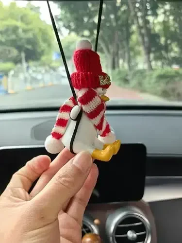 Swining Duck Gifts with Hat/Scarf Car Mirror Hanging Accessories Cars Rearview Mirrors Charms for Wome Men Interior Cute Thing for Jeep Winter Rear View Stuff Must Haves for Kids Girls - 6