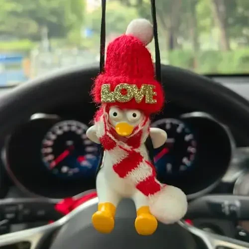 Swining Duck Gifts with Hat/Scarf Car Mirror Hanging Accessories Cars Rearview Mirrors Charms for Wome Men Interior Cute Thing for Jeep Winter Rear View Stuff Must Haves for Kids Girls - SWINING