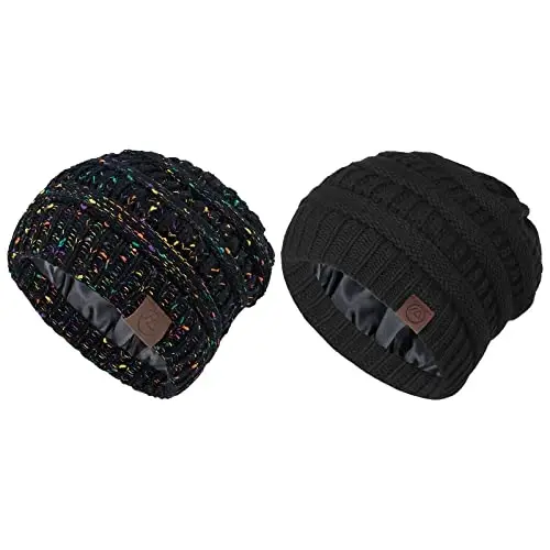 Beanies Women Satin Lined Beanie Winter Hats for Women Silk Lined Slouchy Beanie for Winter Warm Knit Cuffed Beanie Hat - BEANIES