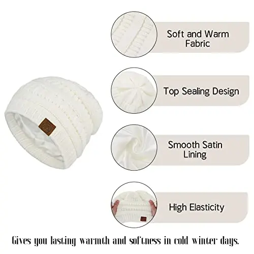 Beanies Women Satin Lined Beanie Winter Hats for Women Silk Lined Slouchy Beanie for Winter Warm Knit Cuffed Beanie Hat - 3