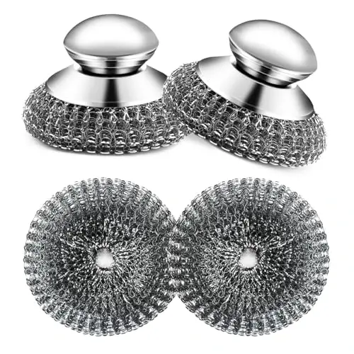 2Pack Stainless Steel Wool Scrubber with Handle, Scrubbing Scouring Brush Pads for Cleaning, Dish Scrubbers Tools for Can Clean Stoves, Wash Sink - 1