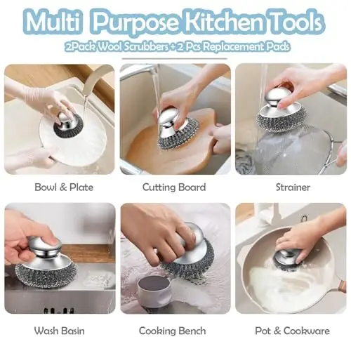 2Pack Stainless Steel Wool Scrubber with Handle, Scrubbing Scouring Brush Pads for Cleaning, Dish Scrubbers Tools for Can Clean Stoves, Wash Sink - 7