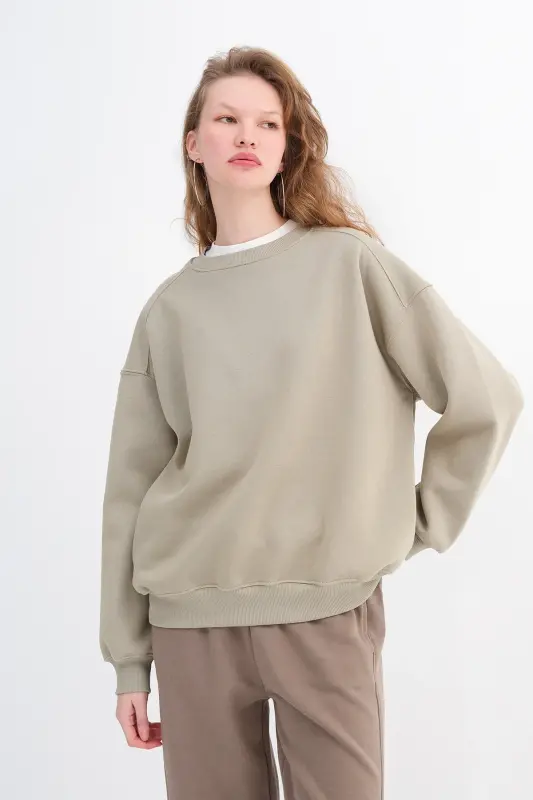 Şardonlu Basic Sweatshirt S3408-K11 - Haki - ADDAX