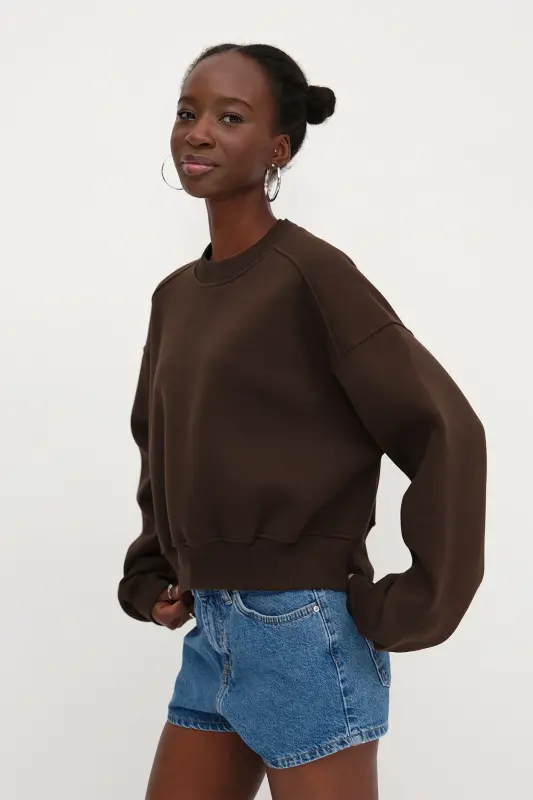 Şardonlu Basic Sweatshirt S3812-İ13-Koyu Kahve - ADDAX