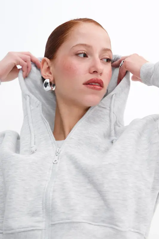 Şardonlu Fermuarlı Sweatshirt H3717-S12 - Kar Melanj - 1