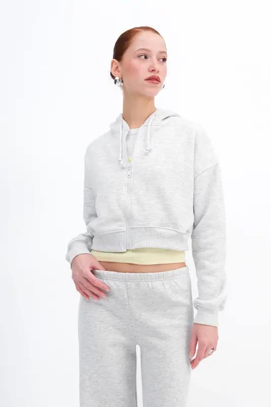 Şardonlu Fermuarlı Sweatshirt H3717-S12 - Kar Melanj - 5