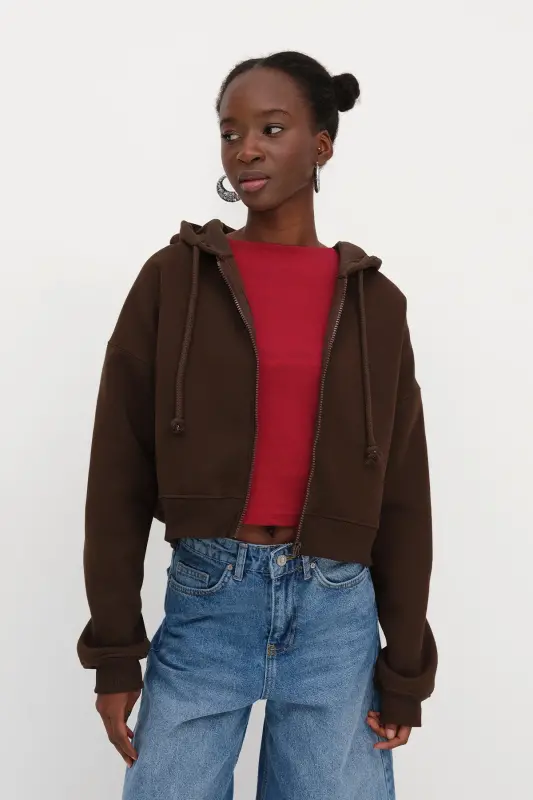 Şardonlu Fermuarlı Sweatshirt H3717-S12 - Koyu Kahve - 1