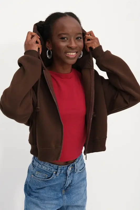 Şardonlu Fermuarlı Sweatshirt H3717-S12-Koyu Kahve - 6
