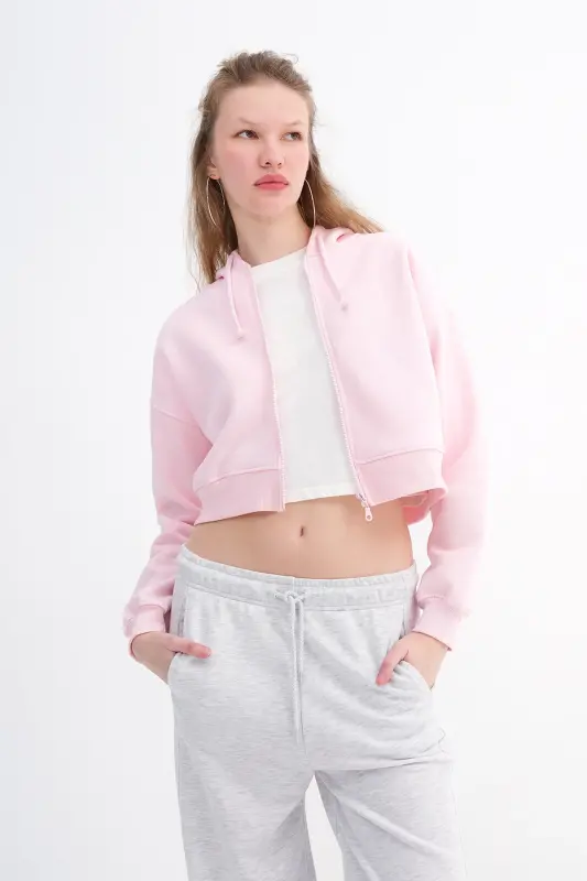Şardonlu Fermuarlı Sweatshirt H3717-S12 - Pembe - 1