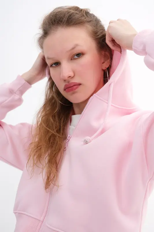 Şardonlu Fermuarlı Sweatshirt H3717-S12-Pembe - 4
